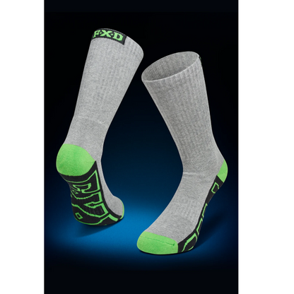 Mens grey crew socks with bright green and black accents, including a green heel and toe and a black patterned sole, FXD SK-1 5-Pack Long Work Socks front view