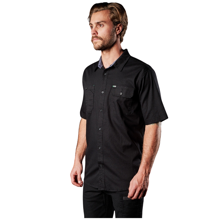 Mens easycare tradie shirt, FXD SSH-1 Short Sleeve Work Shirt - Black - Lifestyle Angled View