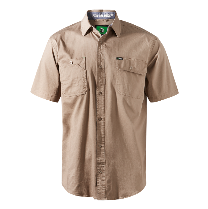 Mens modern fit, FXD SSH-1 Short Sleeve Work Shirt - Khaki - Front View
