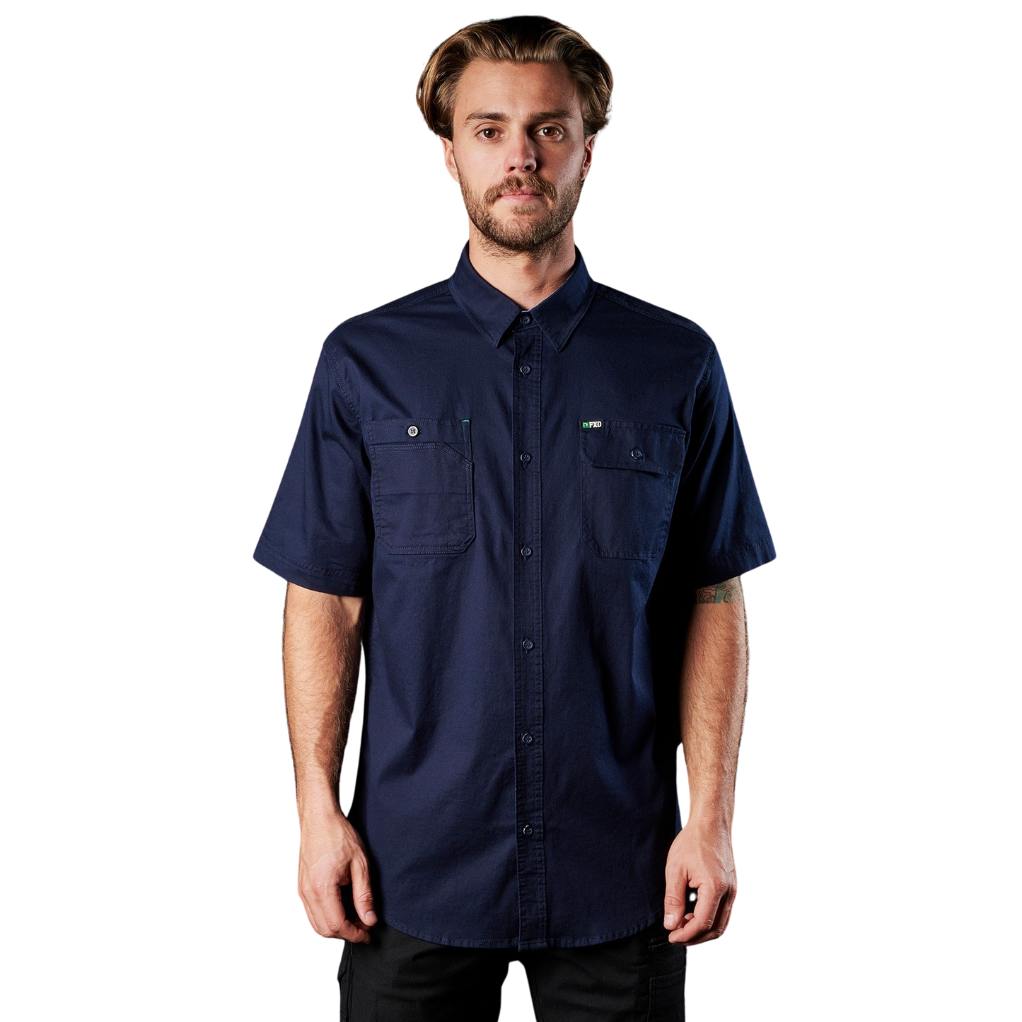 Mens drop tail, button down, FXD SSH-1 Short Sleeve Work Shirt - Navy - Lifestyle Front View