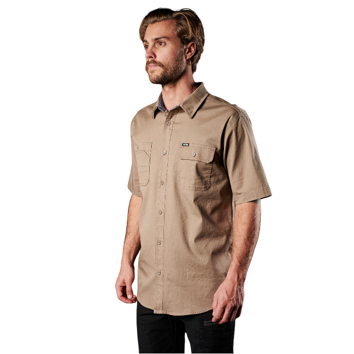 Mens button down, double front pockets, FXD SSH-1 Short Sleeve Work Shirt - Khaki - Lifestyle Angled View