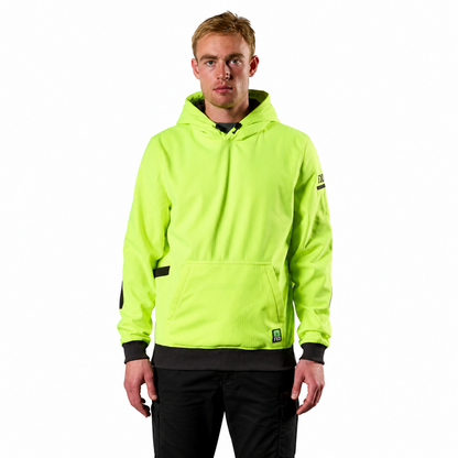 FXD WF-1 Work Fleece Hoodie mens fluro yellow, front pouch, water resistant, front view