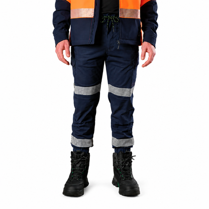 Mens Navy blue colour with Hi vis tape, durable, worksite cargo pants with utility pockets FXD WP-12CT Reflective Taped Elastic Waist Stretch Ripstop Pant front view