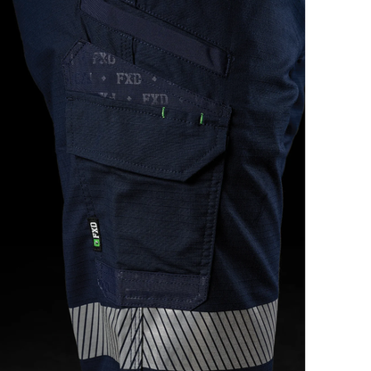 Mens navy blue dual utility pockets, reinforced seams rugged hi vis cargo pants, close up view of pockets, FXD WP-12CT Reflective Taped Elastic Waist Stretch Ripstop Pant