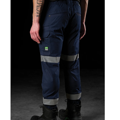 Mens Reflective hi vis tape, rear angle view, navy blue colour, hard wearing everday tradie FXD WP-12CT Reflective Taped Elastic Waist Stretch Ripstop Pants
