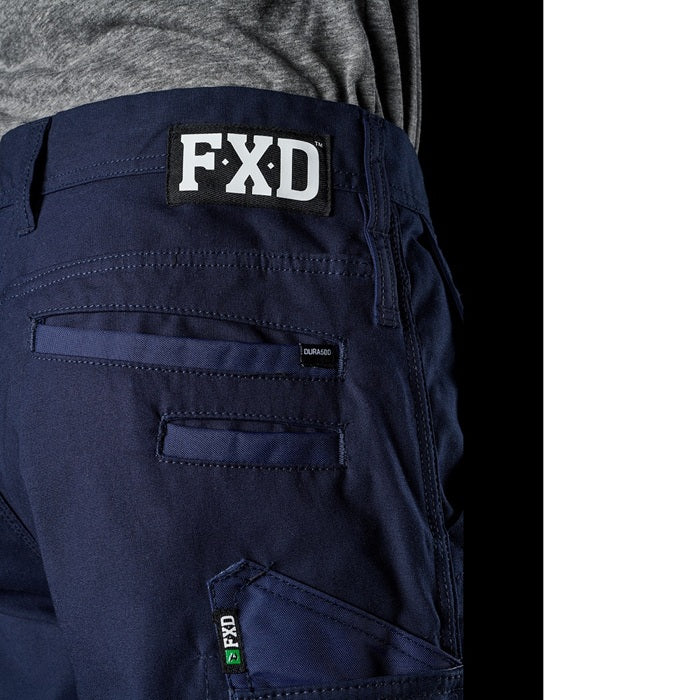 Mens navy coloured FXD WP-3T Stretch Taped Work Pant close up view