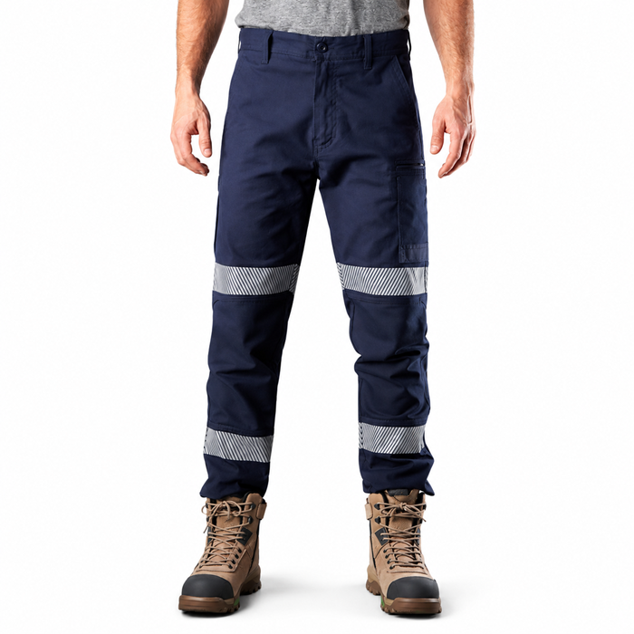 Mens navy  blue worksite cargo pants with reflective tape FXD WP-3T Stretch Taped Work Pant front view