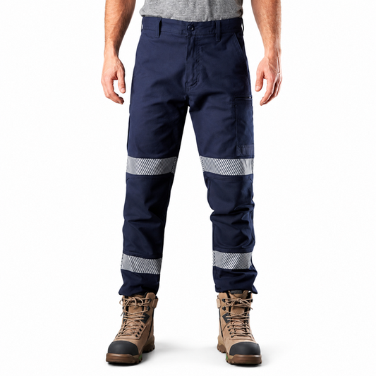 Mens navy  blue worksite cargo pants with reflective tape FXD WP-3T Stretch Taped Work Pant front view