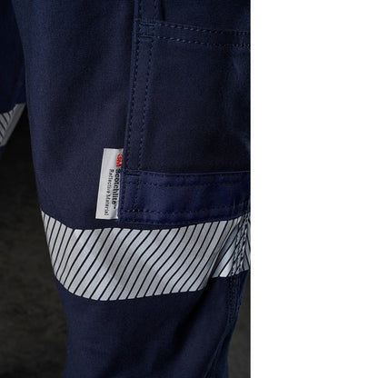 Mens navy cargos, close up of biomotion hi vis tape, FXD WP-3T Stretch Taped Work Pant