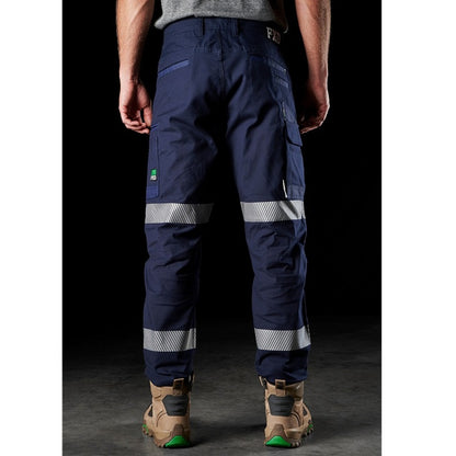 Mens navy blue with reflective biomotion tape rear pockets FXD WP-3T Stretch Taped Work Pant rear view