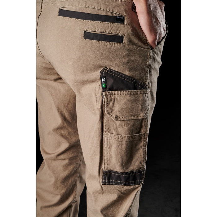 FXD WP-3W Womens Stretch Work cargo Pants, reinforced seams, khaki beige coloured, side pockets close up view