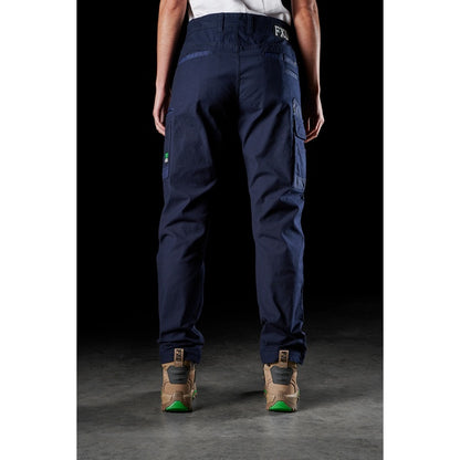 FXD WP-3W Womens Stretch Work cargo Pants, ladies navy blue with rear pockets, easy care, rear view profile