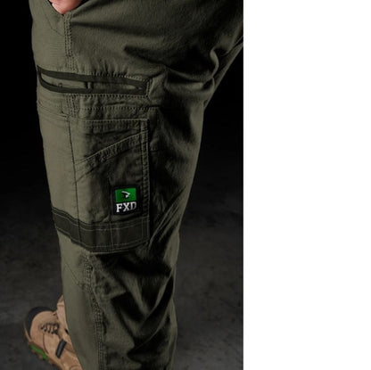 Mens olive green modern fit, everyday, FXD WP-3 Stretch Work cargo Pants, pocket side view