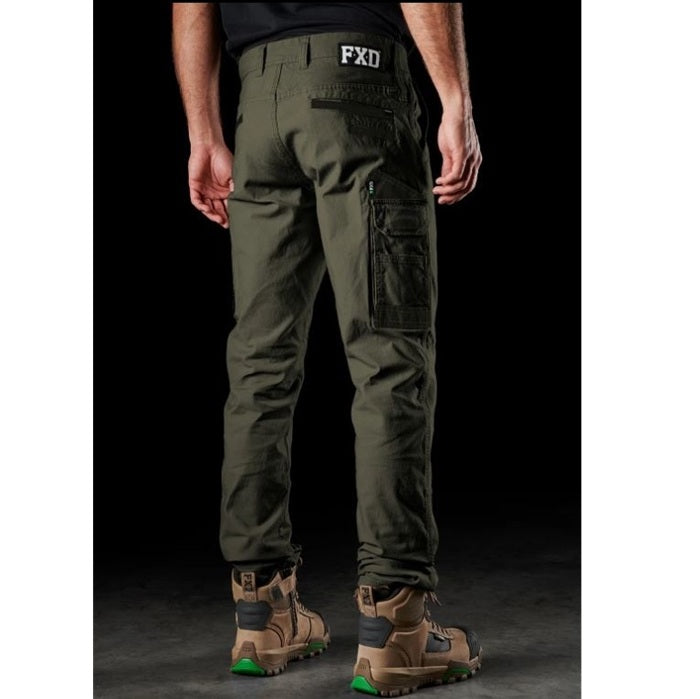Mens olive green cargo trades pants with rear pockets and side utility pocket. Rear angle view