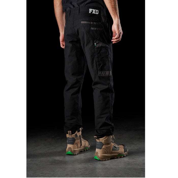 Mens black everyday hard wearing cargos, FXD WP-3 Stretch Work Pant, rear angle view
