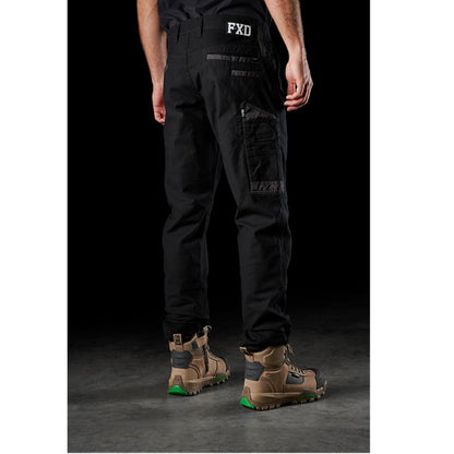 Mens black everyday hard wearing cargos, FXD WP-3 Stretch Work Pant, rear angle view