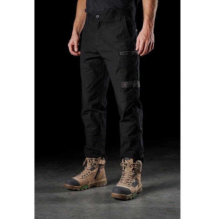 mens Black coloured worksite cargo pants with side and back pockets, FXD WP-3 Stretch Work Pant, front angle view