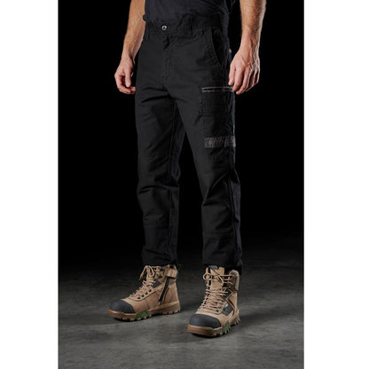 mens Black coloured worksite cargo pants with side and back pockets, FXD WP-3 Stretch Work Pant, front angle view