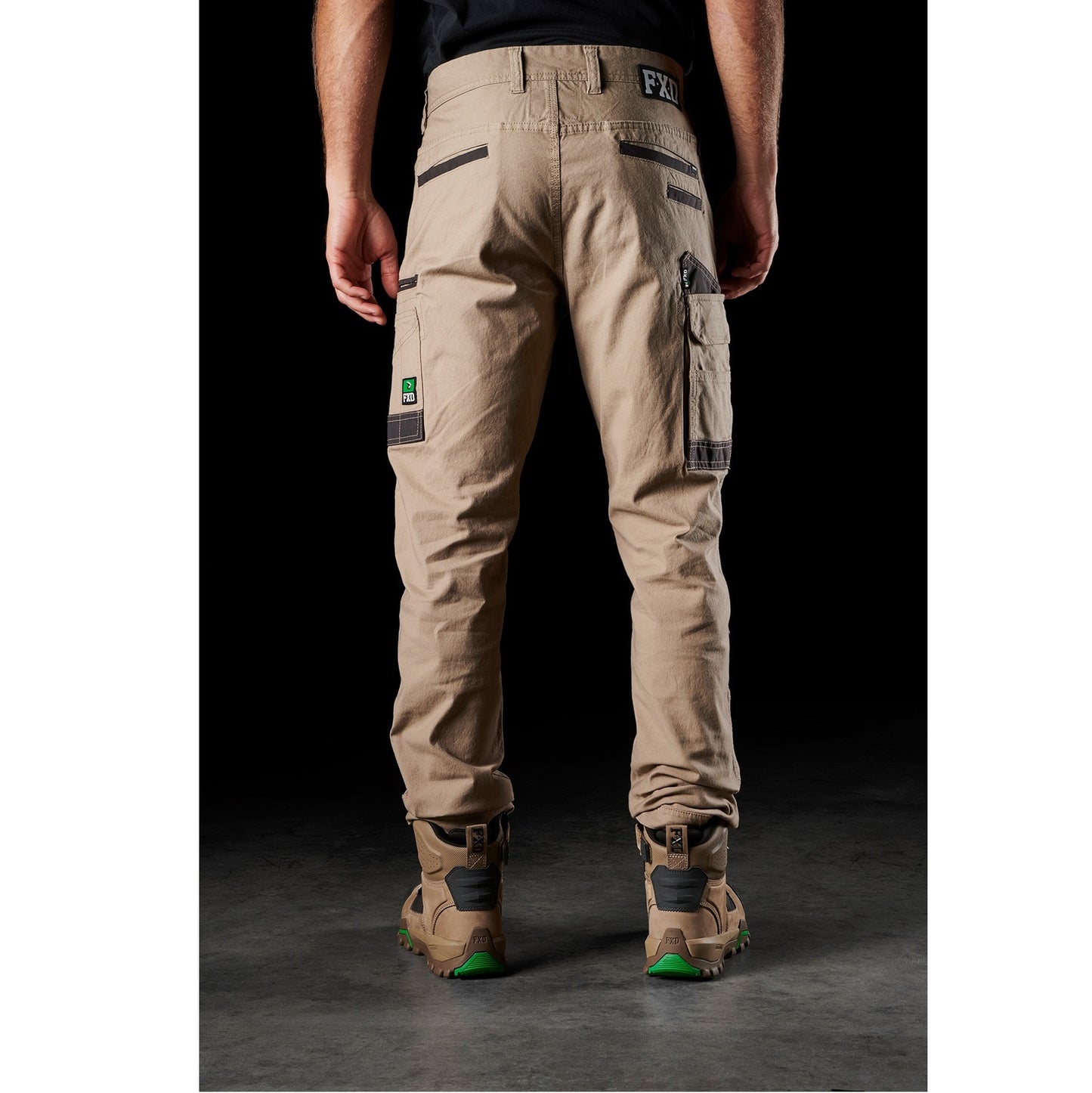 Mens khaki tan, FXD WP-3 Stretch Work cargo Pants, rear view