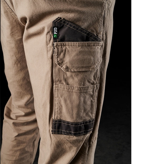 Mens khaki , double rear pockets, FXD WP-3 Stretch Work cargo Pants, side view