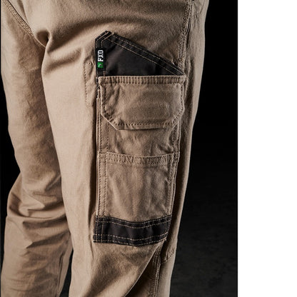 Mens khaki , double rear pockets, FXD WP-3 Stretch Work cargo Pants, side view