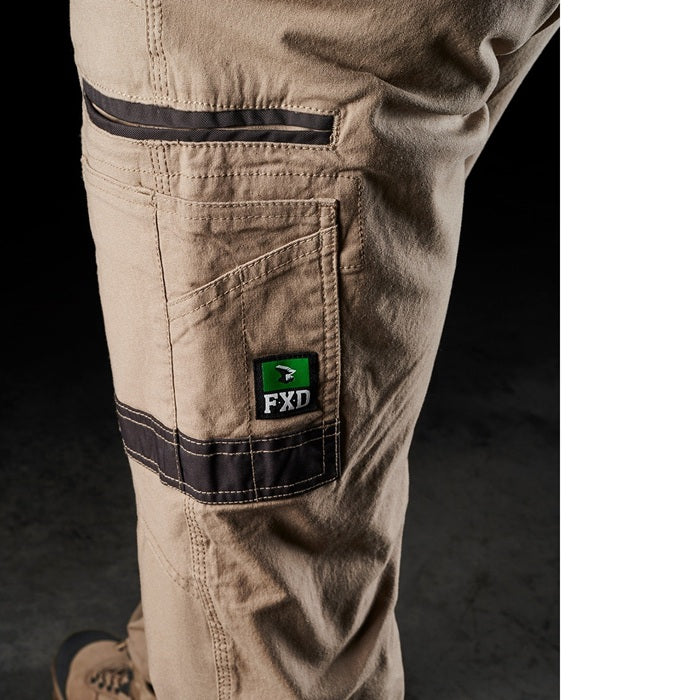 Mens khaki beige tradie FXD WP-3 Stretch Work cargo Pants, side pocket view