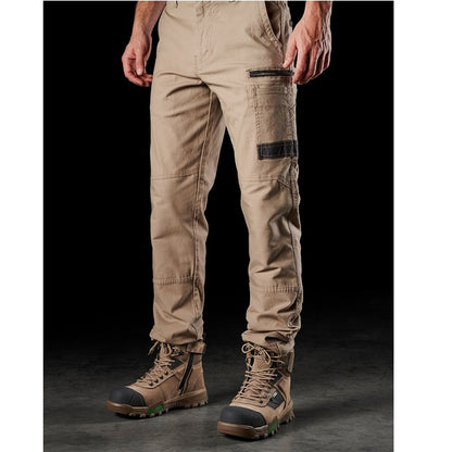 Mens khaki with dark brown detail on pockets, modern fit FXD WP-3 Stretch Work cargo Pants, front angle view