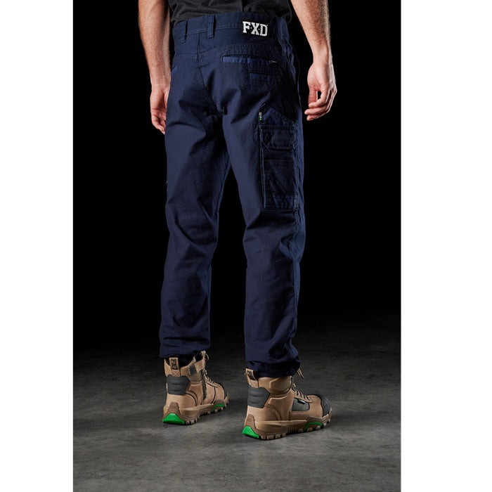 Mens navy blue, FXD WP-3 Stretch Work cargo Pants, rear angle view
