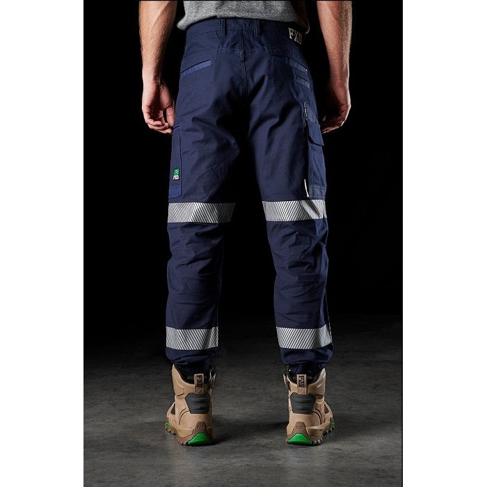 Mens Navy Hi vis worksite FXD WP-4T Reflective Cuffed Work Pants rear view