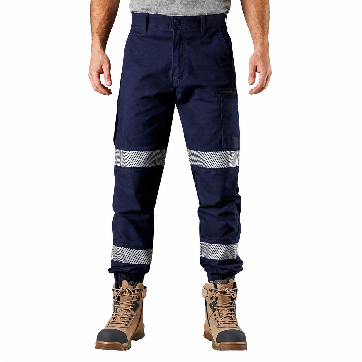 Mens Navy with reflective tape durable fabric FXD WP-4T Reflective Cuffed Work Pant front view