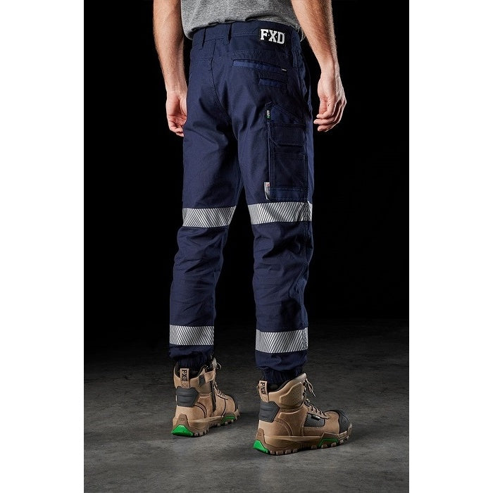 Mens navy reflective tape reinforced seams FXD WP-4T Reflective Cuffed Work Pants rear angle view