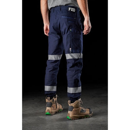 Mens navy reflective tape reinforced seams FXD WP-4T Reflective Cuffed Work Pants rear angle view