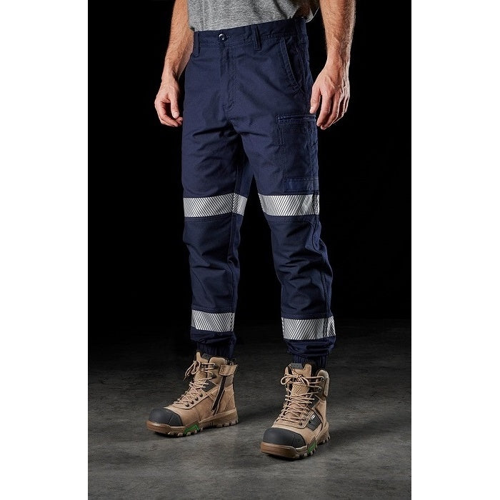 Mens navy front angle view FXD WP-4T Reflective Cuffed Work Pants with rear pockets