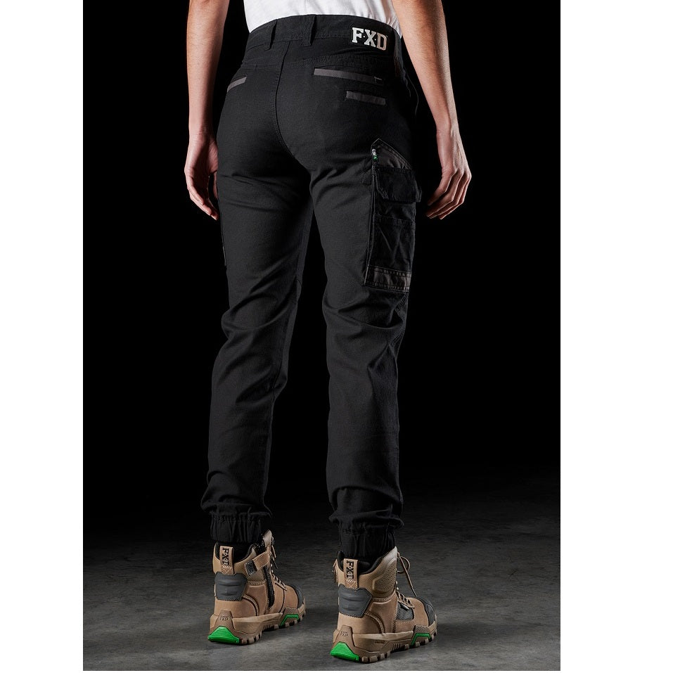 ladies black reinforced seams, hard wearing, FXD WP-4W Womens Stretch Cuffed Pant rear angle view