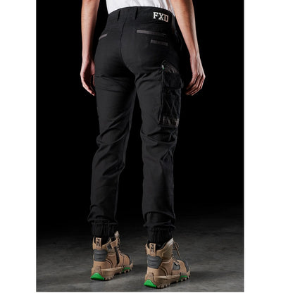 ladies black reinforced seams, hard wearing, FXD WP-4W Womens Stretch Cuffed Pant rear angle view