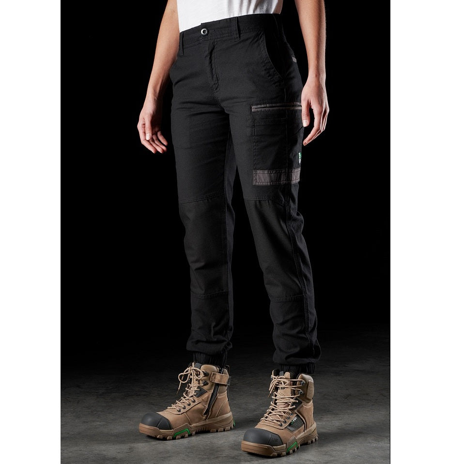 ladies cuffed hem black cargo pants FXD WP-4W Womens Stretch Cuffed Pant front angle view