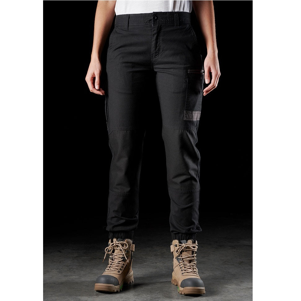 Ladies black flattering modern fit tradie FXD WP-4W Womens Stretch Cuffed Pant front view