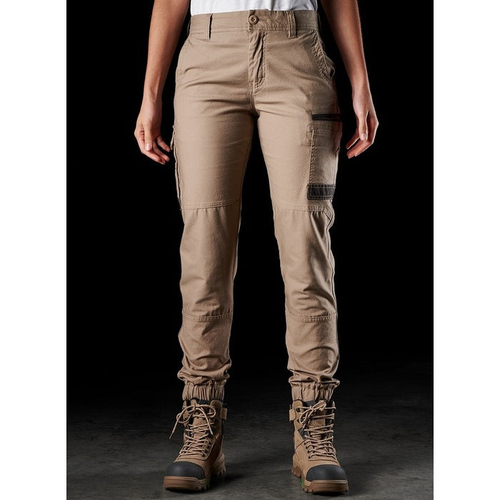 ladies khaki beige coloured with dark brown pocket detail, hard wearing tradie workplace, FXD WP-4W Womens Stretch Cuffed cargo Pants