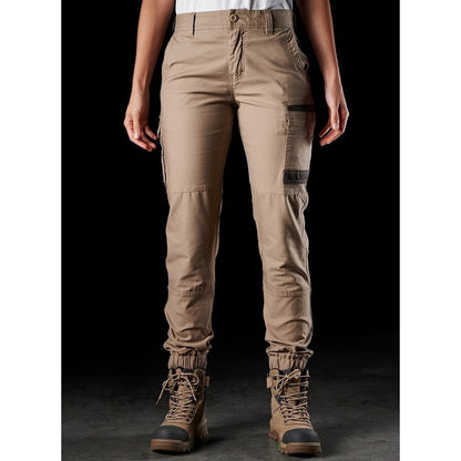 ladies khaki beige coloured with dark brown pocket detail, hard wearing tradie workplace, FXD WP-4W Womens Stretch Cuffed cargo Pants