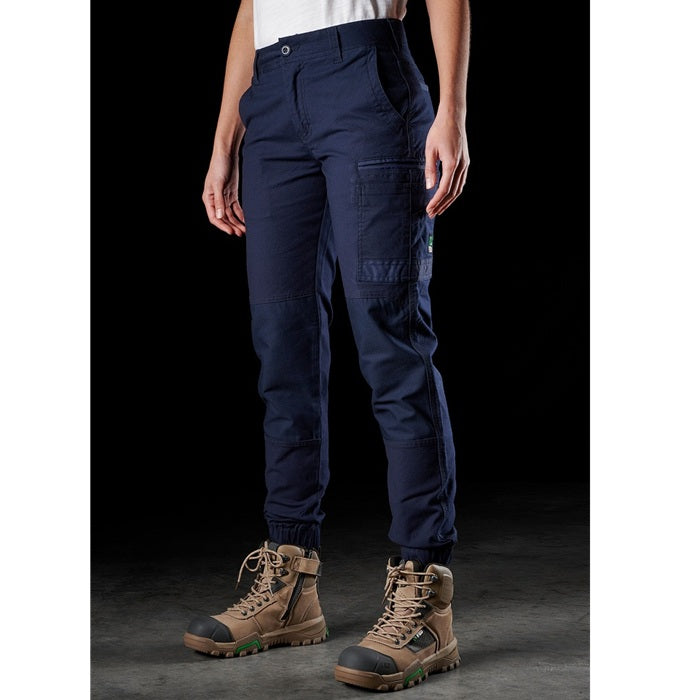 ladies navy blue with utility pockets FXD WP-4W Womens Stretch Cuffed Pant front angle view
