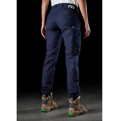 ladies navy blue worksite cargo pants, cuffed ankle, FXD WP-4W Womens Stretch Cuffed Pant rear angle view