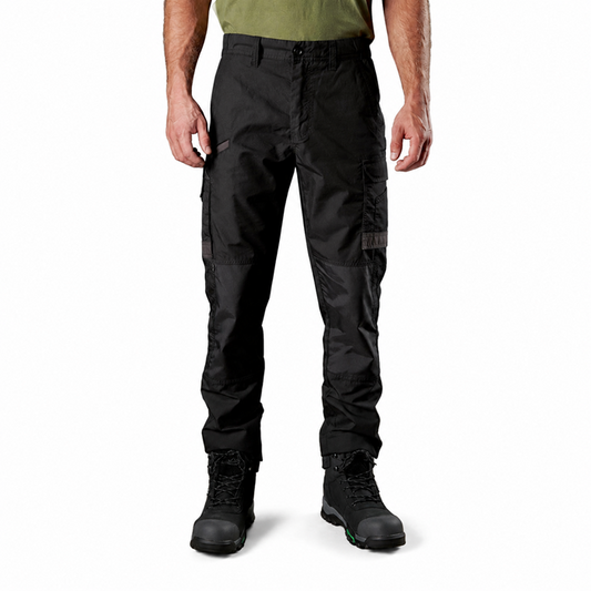 Mens black, worksite cargo pants with cooling moisture wicking fabric, FXD WP-5 Lightweight Stretch Work Pant, front view