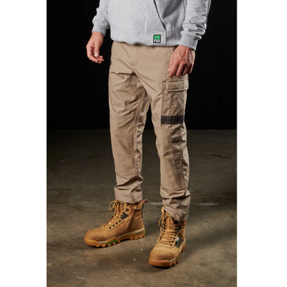 Mens khaki beige light warm weather, rear and side pockets, FXD WP-5 Lightweight Stretch Work Pant front angle view