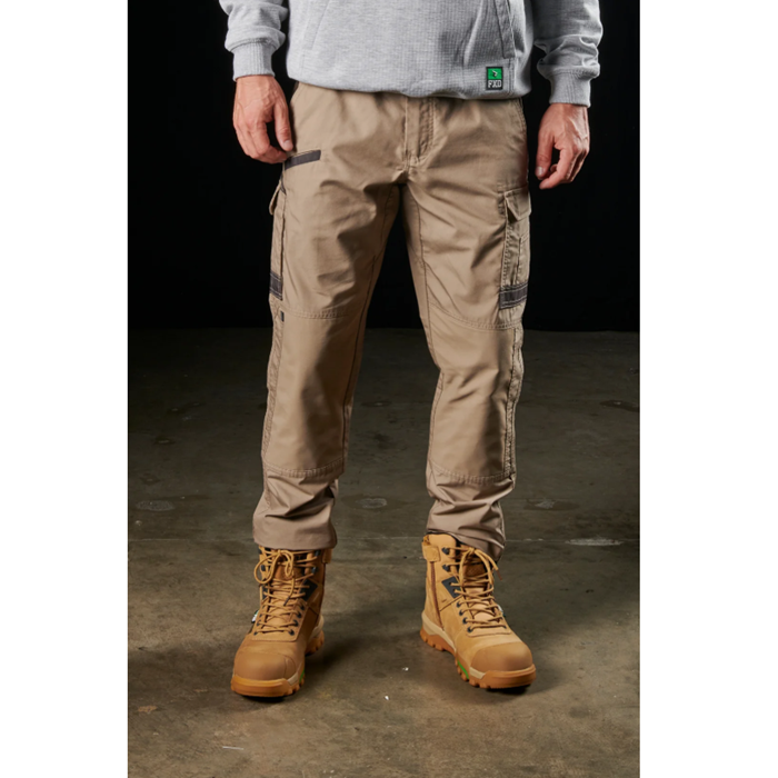 Mens khaki beige, elastic waistband, FXD WP-5 Lightweight Stretch Work cargo Pants, front view