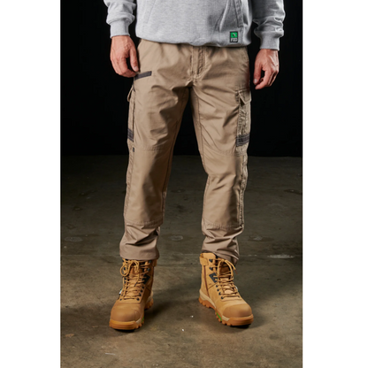 Mens khaki beige, elastic waistband, FXD WP-5 Lightweight Stretch Work cargo Pants, front view