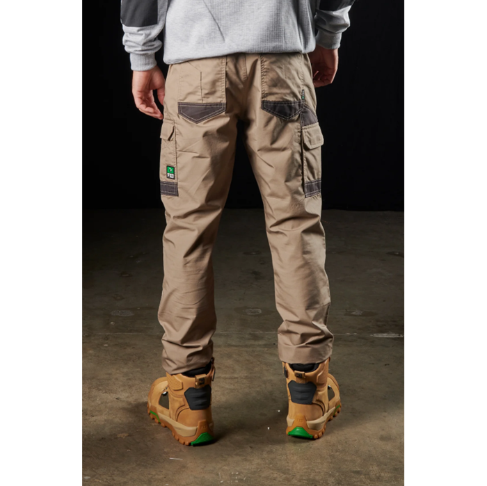 Mens khaki beige coloured rear view cargo pants with dark brown pocket detail, FXD WP-5 Lightweight Stretch Work Pant rear view