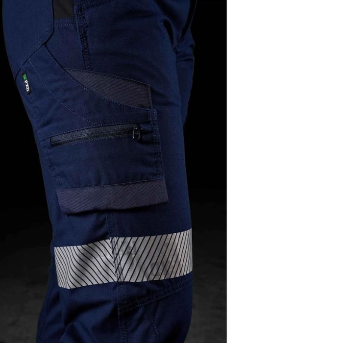 Ladies navy blue, zip side pocket view, FXD WP-7WT Womens Taped Stretch Ripstop Work Pants