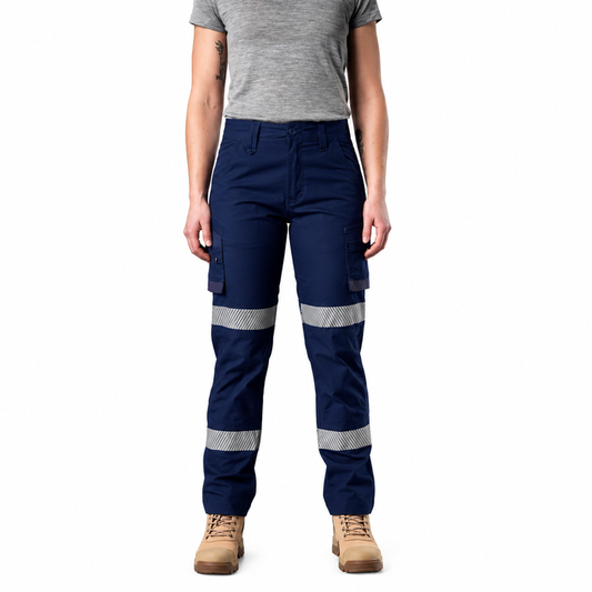 Ladies Navy blue, reflective tape, modern fit FXD WP-7WT Womens Taped Stretch Ripstop Work Pants Front view