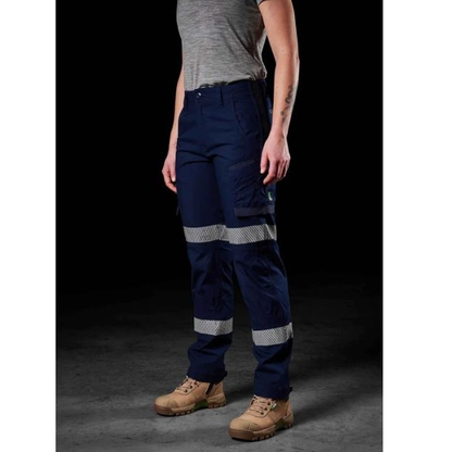 Ladies navy blue, reinforced seams, durable, flattering, FXD WP-7WT Womens Taped Stretch Ripstop Work Pants front right angle view