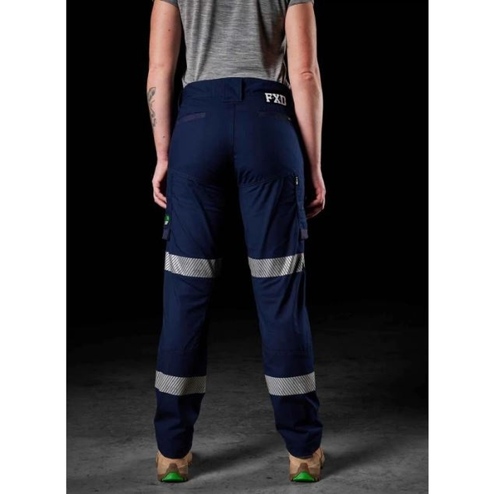 Ladies navy blue classic worksite cargo pants, Hi Vis tape, UPF protection FXD WP-7WT Womens Taped Stretch Ripstop Work Pants Rear view